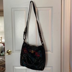 Lucky Brand Abbey Road Lambs Leather Embroidered Cross Body Tote Black